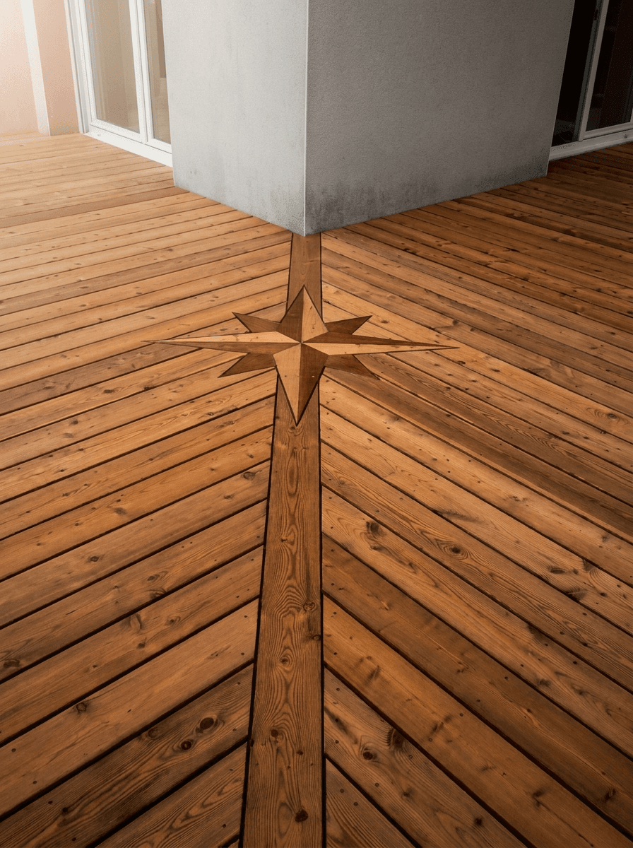 Parquet massif avec rosace des vents en marqueterie