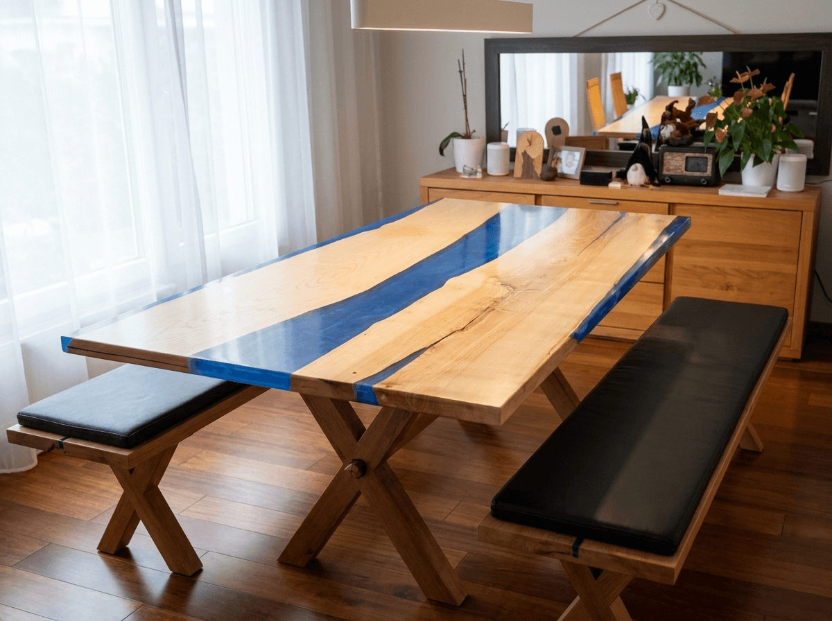 Table à manger « rivière » en résine époxy bleue