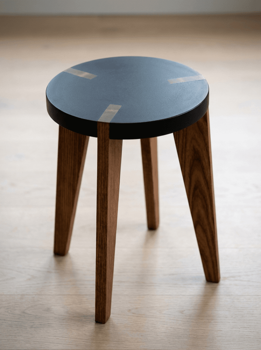 Tabouret rond, assise noire et pieds frêne